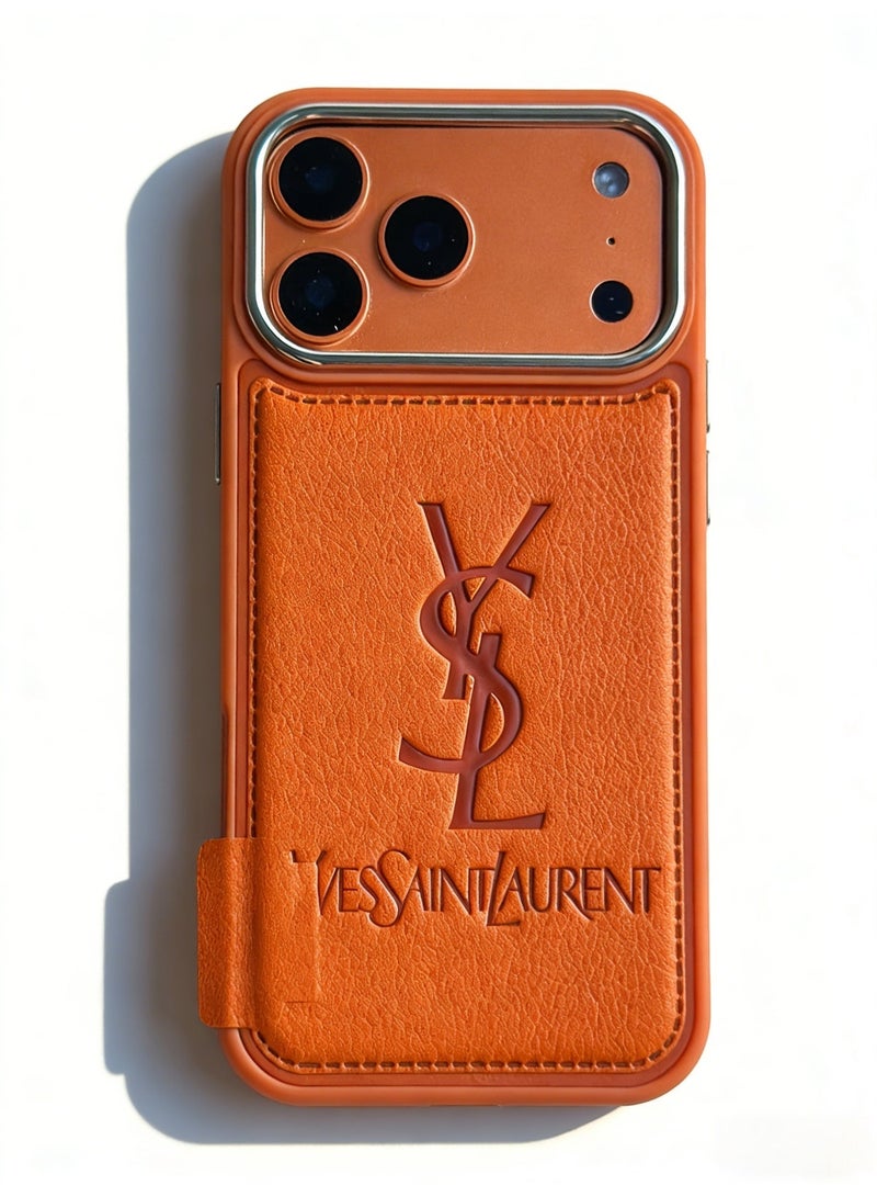 Saint Laurent YSL Orange Leather Protective Case with Card Slot for iPhone 16-17 Pro Max - Image 3